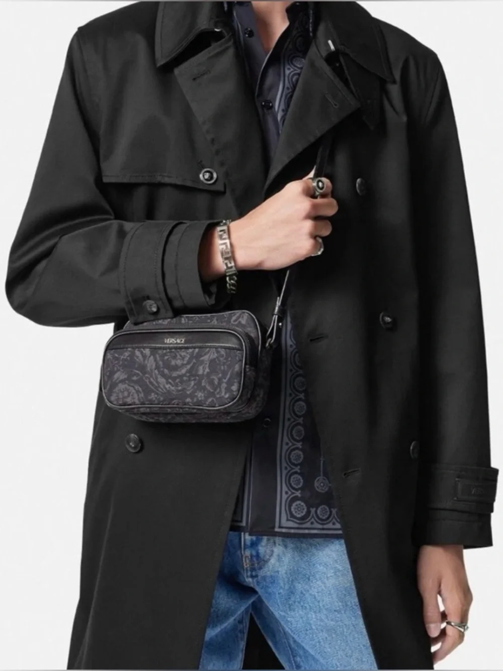 Versace Unisex Borocco Baroque Jacquard Logo Monogram Black Crossbody Bag NEW